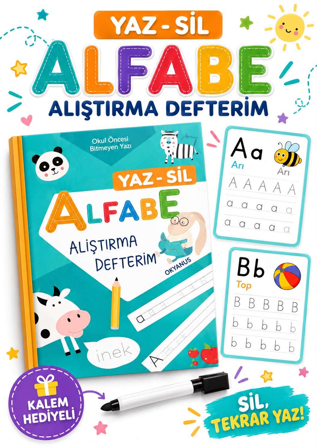 Yaz Sil Alfabe Alıştırma Defteri Okul Öncesi Bitmeyen Yazı Defteri